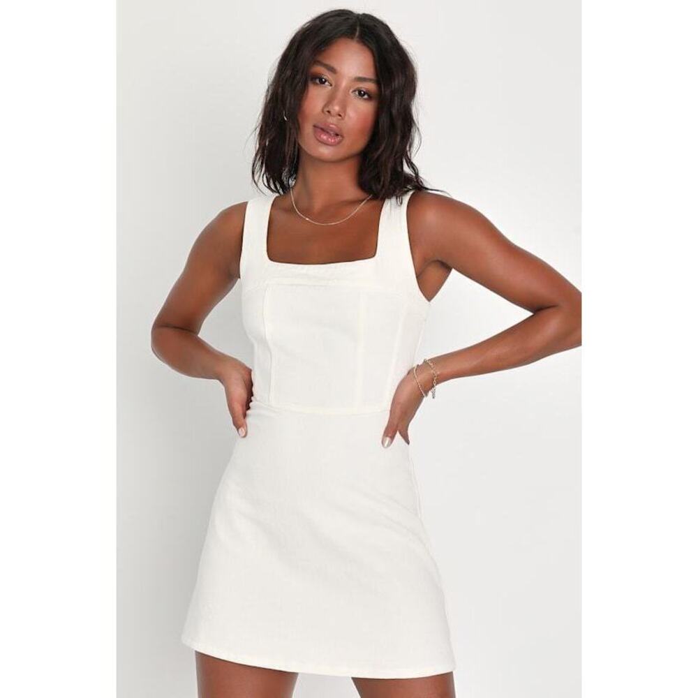 Lulus So Delighted Ivory Denim Corset Seam Mini Dress White - Size S